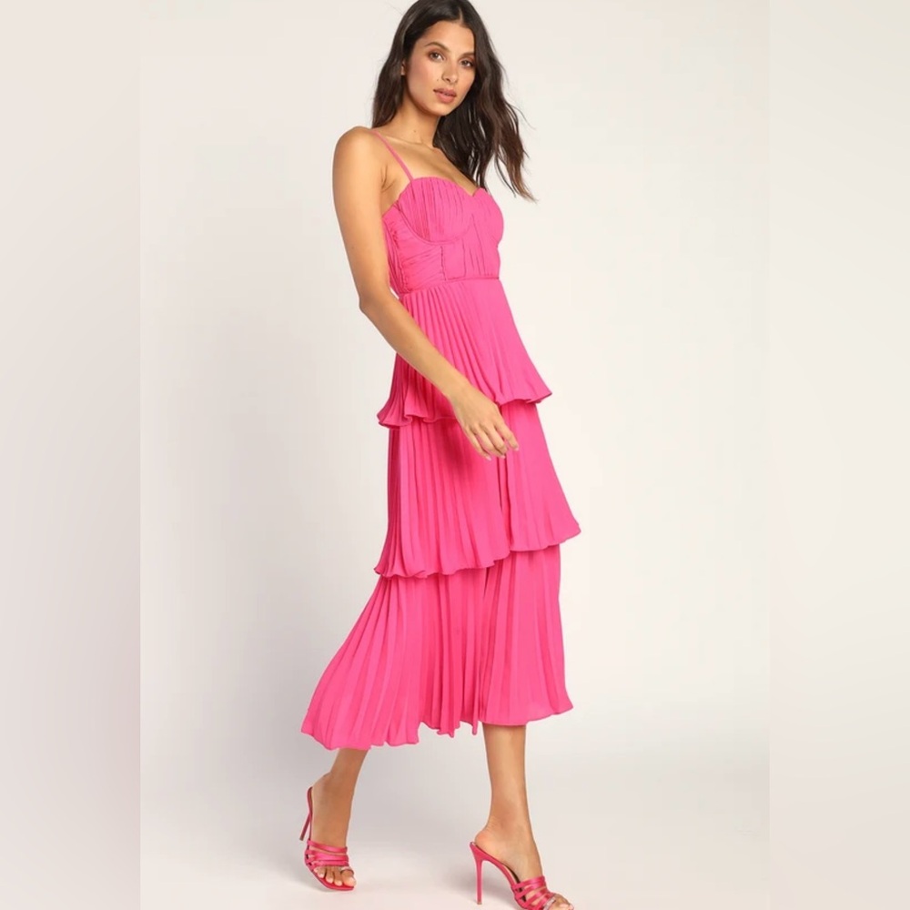 Lulu’s Cascading Crushed HotPink Midi Dress-Size Large - Picture 2 of 16